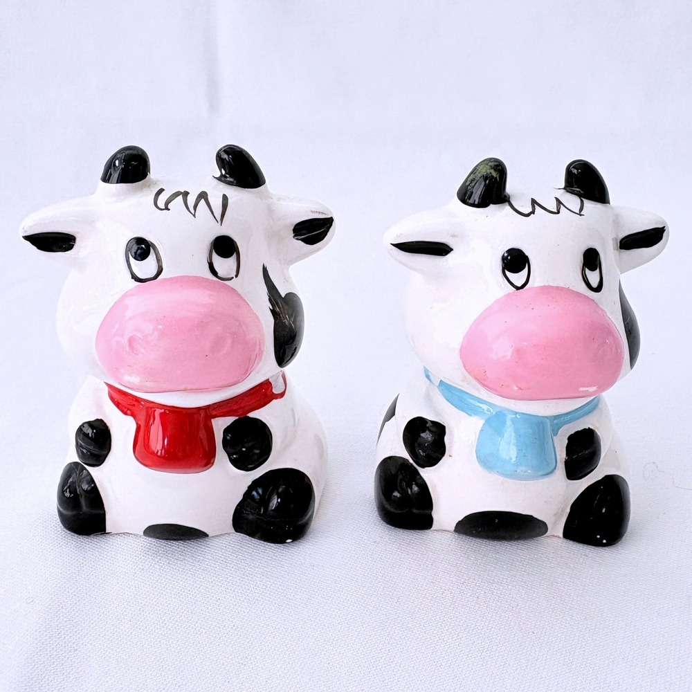 Unbranded Cow Salt and Pepper Shakers Set Small White Black Ceramic Farmhouse